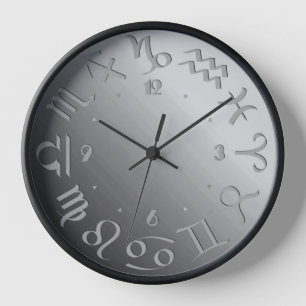 Horloge Douze symboles du zodiaque en gris argenté