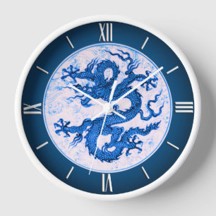 Horloge Dragon Chinois, Bleu Indigo et Blanc