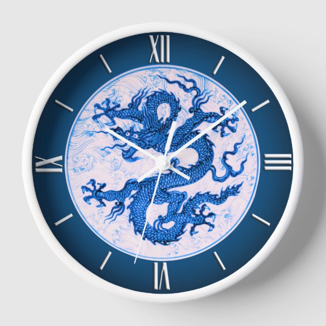 Horloge Dragon Chinois, Bleu Indigo et Blanc (Recto)