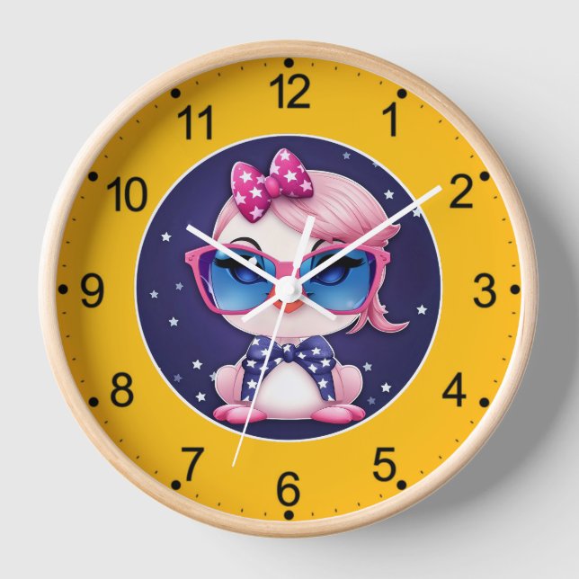 Horloge Drapeau américain avec dessin animé de flamant ros (Recto)