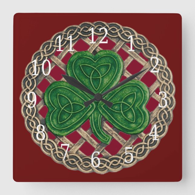 Horloge Du Carré Shamrock Rouge Et Noeuds Celtique (Recto)