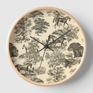 Horloge Élégant Cheval Rustique Arbres Beige Tan Toile
