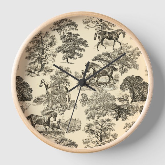 Horloge Élégant Cheval Rustique Arbres Beige Tan Toile (Recto)