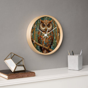 Horloge Élégant hibou rétro boho bohème bohème forêt verte