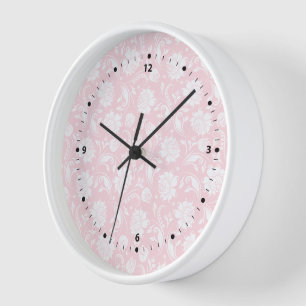 Horloge Elégant motif damassé floral blanc et rose pâle