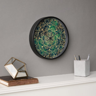 Horloge Elégant or Mandala Floral Vert bleu