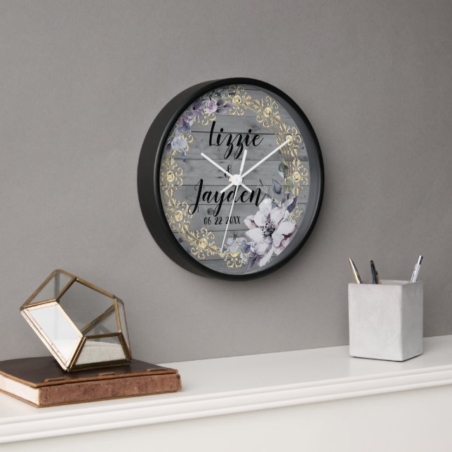 Horloge Élégante couronne florale Mariage rustique (Bureau)