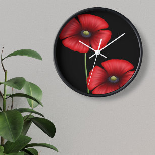 Horloge Élégante fleur de pavot rouge floral sur le noir