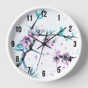 Horloge Elégante fleur de printemps Pink floral aquarelle 