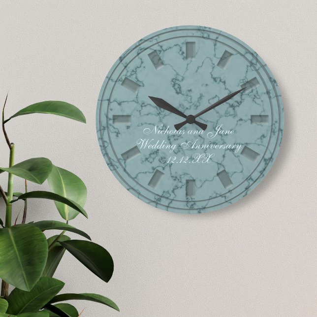 Horloge élégante sarcelle à faux marbre pour maria (An elegant faux teal marble wedding anniversary clock with space for your names and wedding date)