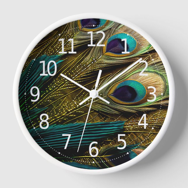 Horloge Elégante Turquoise Abstraite  Plumes Peacock Or | (Recto)