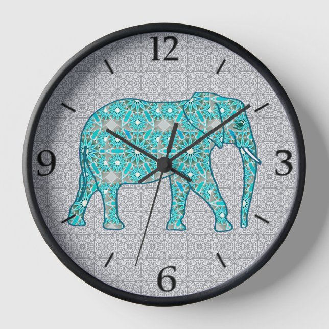 Horloge Eléphant à fleurs Mandala Turquoise et gris encadr (Recto)