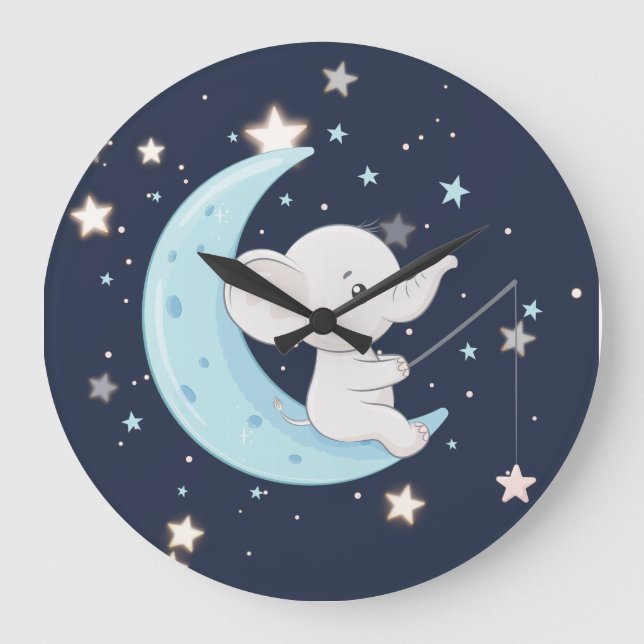Horloge Éléphant de Bébé Pêchant des Étoiles (Recto)