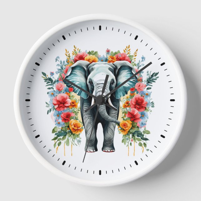 Horloge Eléphant floral coloré (Recto)
