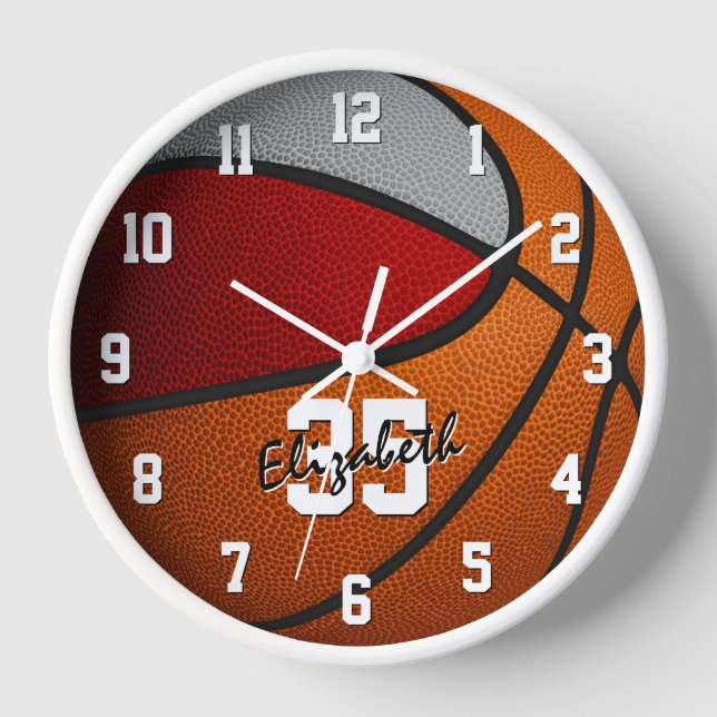 Horloge équipe rouge gris couleurs basketball personnalisé (Recto)