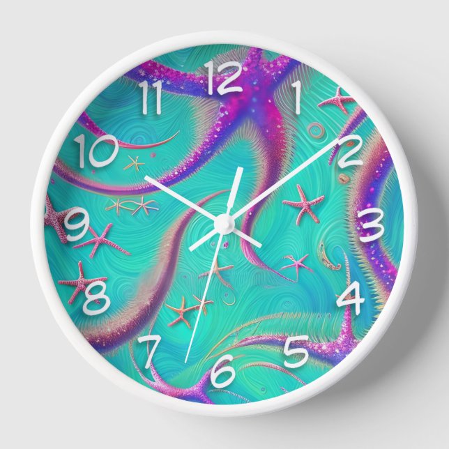 Horloge Étoile de mer sarcelle et violet thème plage (Recto)