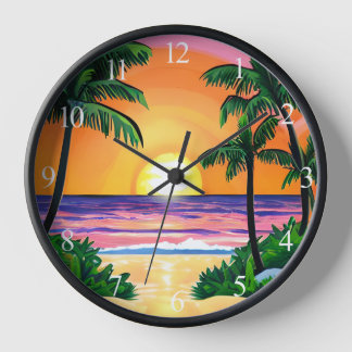 Horloge Etonnante aquarelle Palmiers coucher de soleil