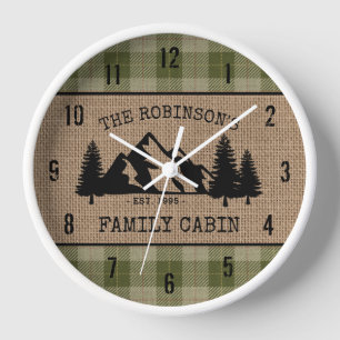 Horloge Family Nom Cabin Trees Sage Plaid Burlap