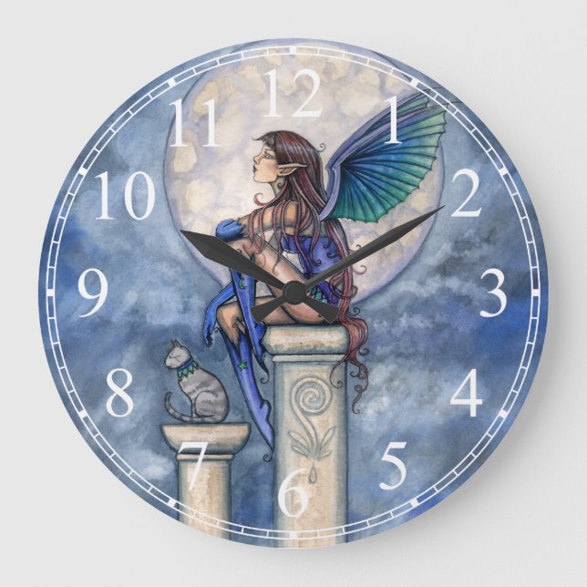 Horloge fantaisie Indigo Moon Blue Fairy et chat (Recto)