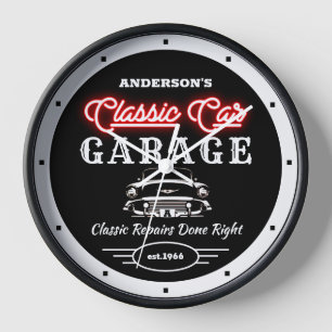 Horloge Faux Red Neon Classic Car Garage Auto et nom