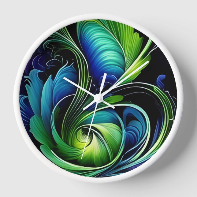 Horloge Feuille abstraite verte bleue (Recto)