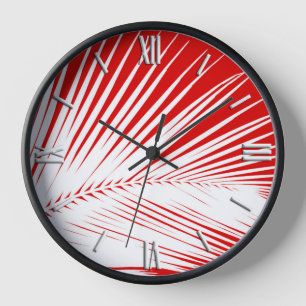 Horloge Feuille de palmier - blanc et corail rouge foncé
