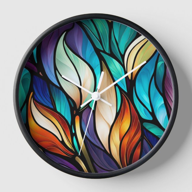 Horloge Feuilles colorés en verre tendu (Recto)