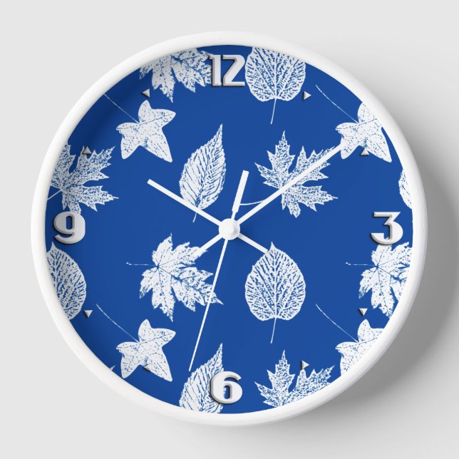 Horloge Feuilles d'automne - blanc et bleu cobalt (Recto)