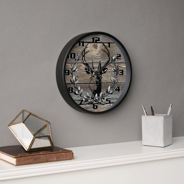 Horloge Feuilles de Laurier de Cerf Rustique sur Planches  (Bureau)