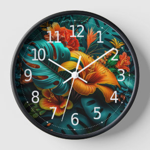 Horloge Feuilles et fleurs tropicaux colorés et élégants  