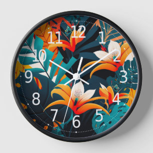 Horloge Feuilles et fleurs tropicaux colorés et élégants  
