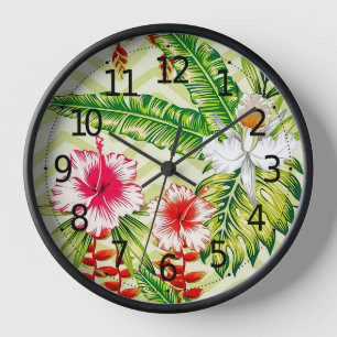 Horloge Feuilles Tropicales Élégantes et Fleurs d'Hibiscus