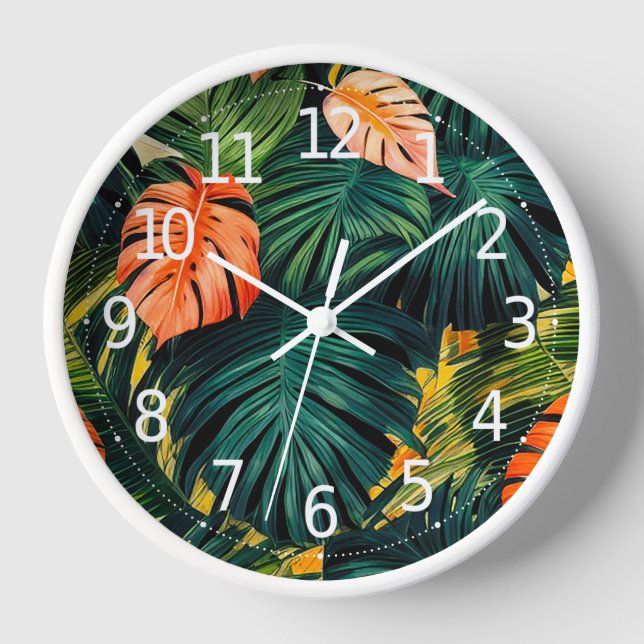 Horloge Feuilles tropicaux colorés et fleurs d'Hibiscus | (Recto)
