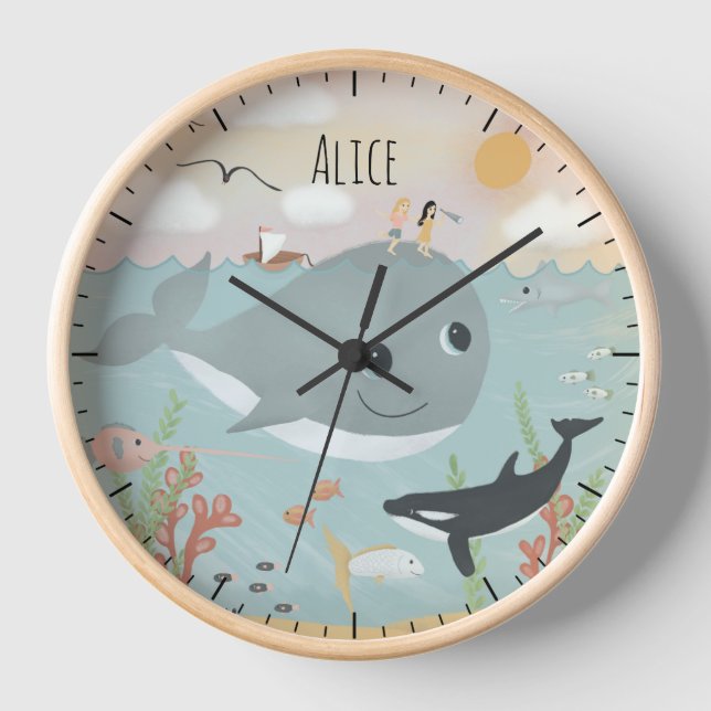 Horloge Filles mignonne Baleine d'océan Illustration Enfan (Recto)