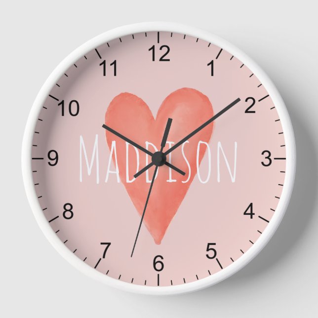 Horloge Filles mignonnes Aquarelle Whimsical Rose Coeur En (Recto)