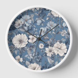 Horloge Filles mignonnes Bleu Floral Botanique
