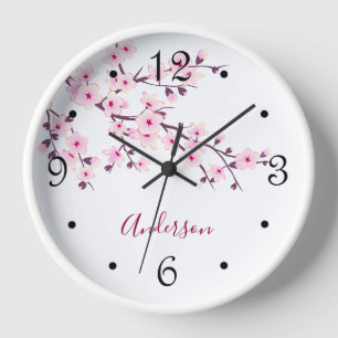 Horloge Fleur de cerisier rose blanc Nom de famille