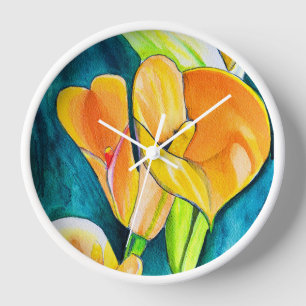 Horloge Fleur de lys calla orange art aquarelle