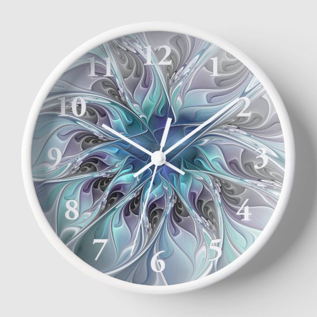 Horloge Fleur fractale moderne abstraite avec du bleu (Recto)