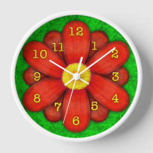Horloge Fleur marguerite rouge sur Vert Belle