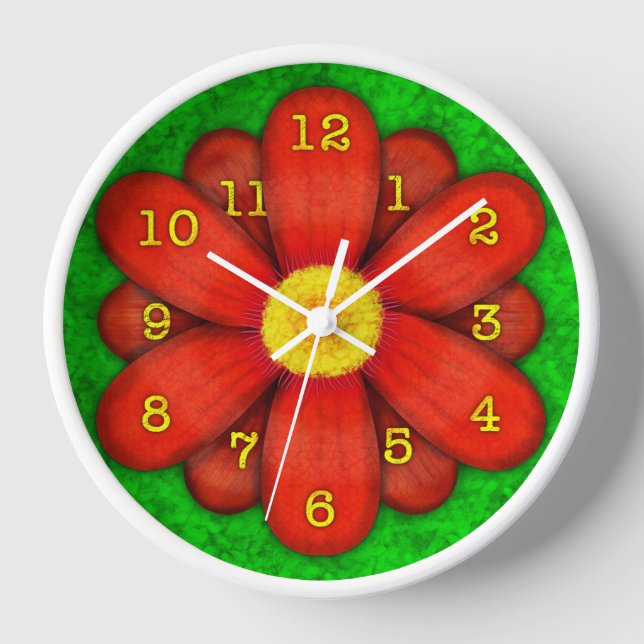 Horloge Fleur marguerite rouge sur Vert Belle (Recto)