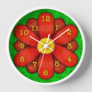 Horloge Fleur rouge de marguerite sur beau vert