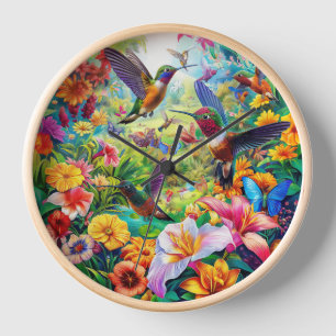 Horloge Fleurs colorées Humming Oiseau Nature Forêt animal
