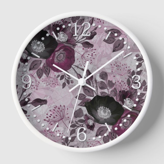 Horloge Fleurs d'aquarelle bordeaux. (Recto)