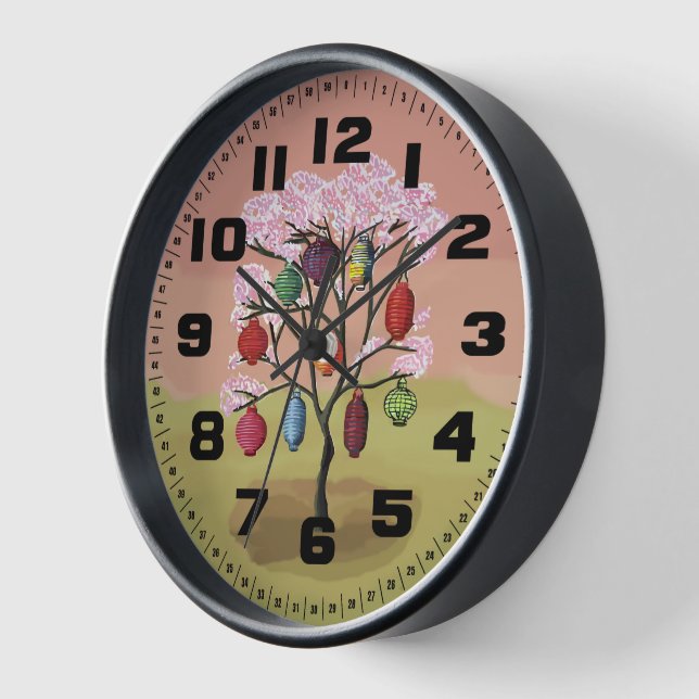 Horloge Fleurs de cerisier avec les lampions orientaux (Angle)