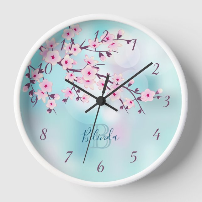 Horloge Fleurs de cerisier rose blanc Nom (Recto)