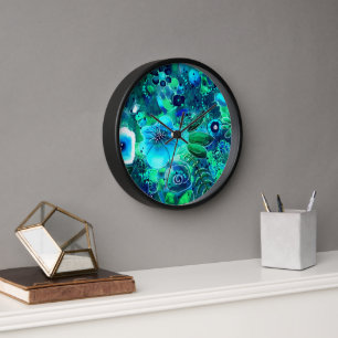 Horloge Fleurs florales Turquoises Abstraites