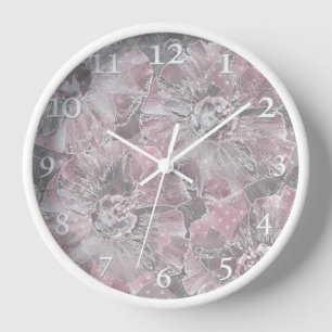 Horloge Fleurs grandes élégantes gris rose