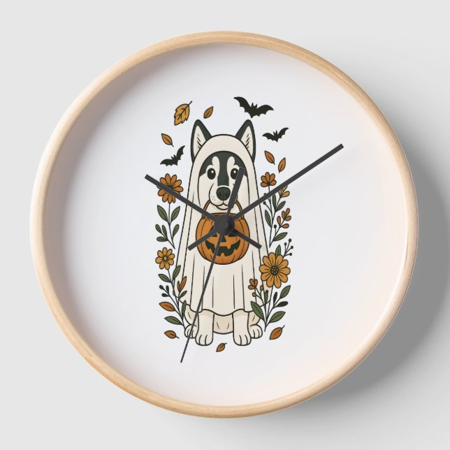 Horloge Fleurs Husky Sibériennes d'Halloween (Recto)