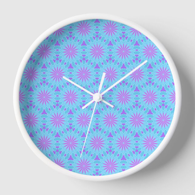 Horloge Fleurs Magenta avec forme bleu ciel et violet (Recto)